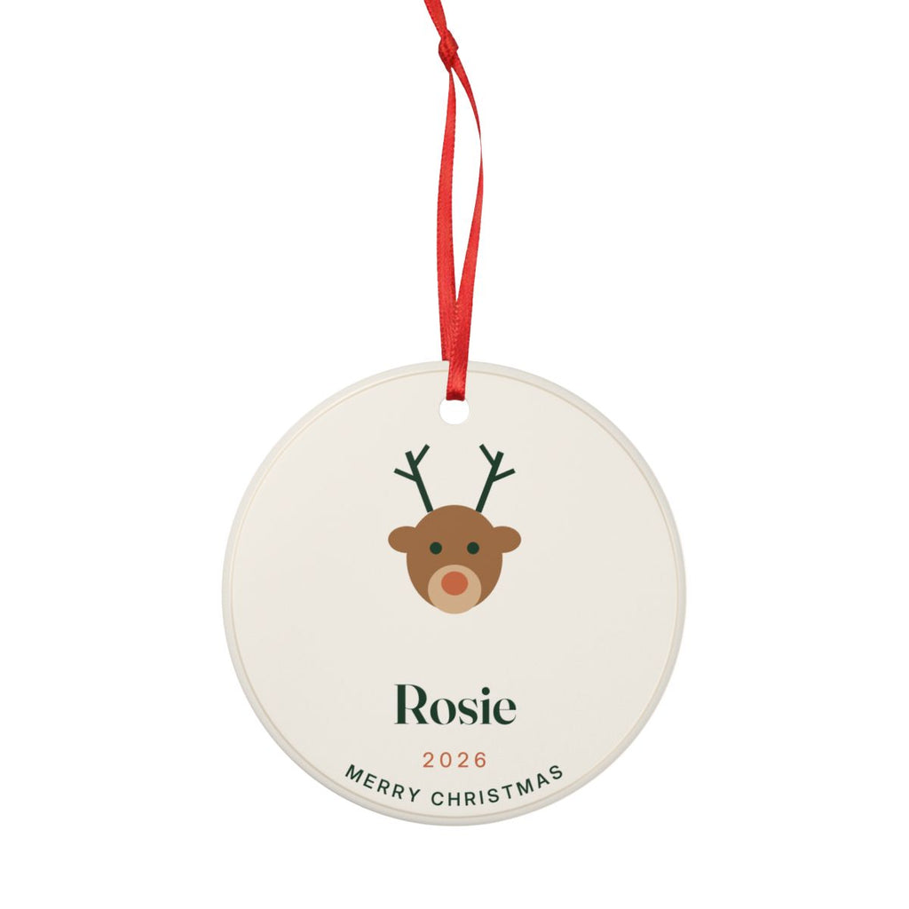 Reindeer Christmas ornament mock-up hanging from its red ribbon, 'Rosie', '2026' and 'Merry Christmas' below the reindeer