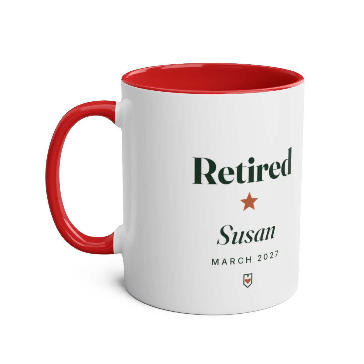 Personalised retirement two-tone mug mock-up, red inside and handle, printed 'Retired', 'Susan' and 'March 2027'