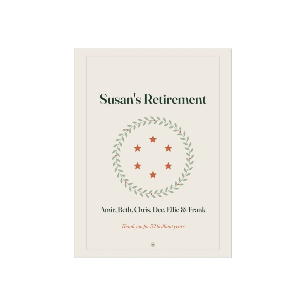 Personalised retirement print mock-up titled 'Susan's Retirement', six stars in a leafy wreath above six sample names