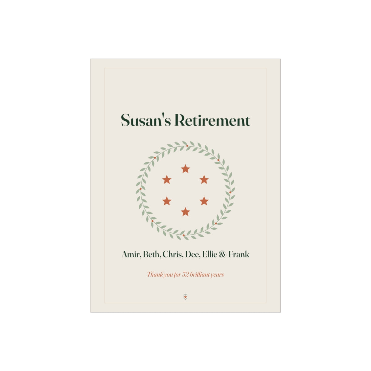 Personalised retirement print mock-up titled 'Susan's Retirement', six stars in a leafy wreath above six sample names