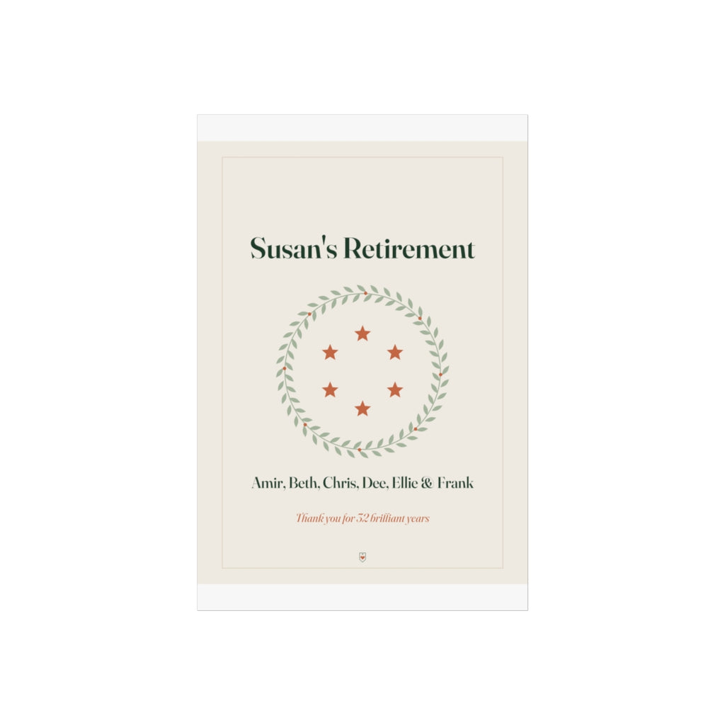 Personalised retirement print mock-up with sample text 'Susan's Retirement', a star wreath and six colleagues' names