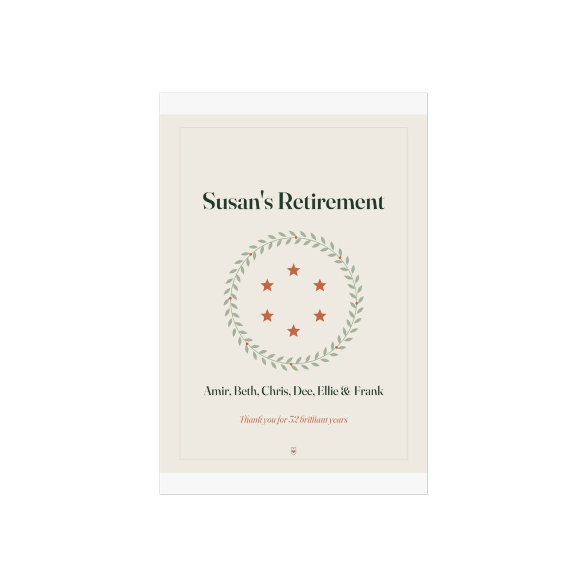 Personalised retirement print mock-up with sample text 'Susan's Retirement', a star wreath and six colleagues' names