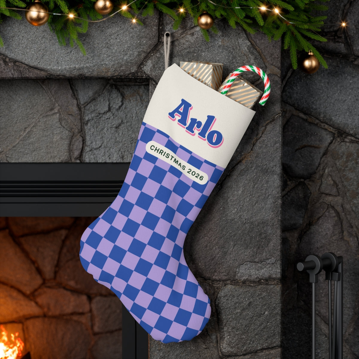 Personalised Retro Checkerboard Christmas Stocking with Name, Kept by You, personalised and printed in the UK (view 3)