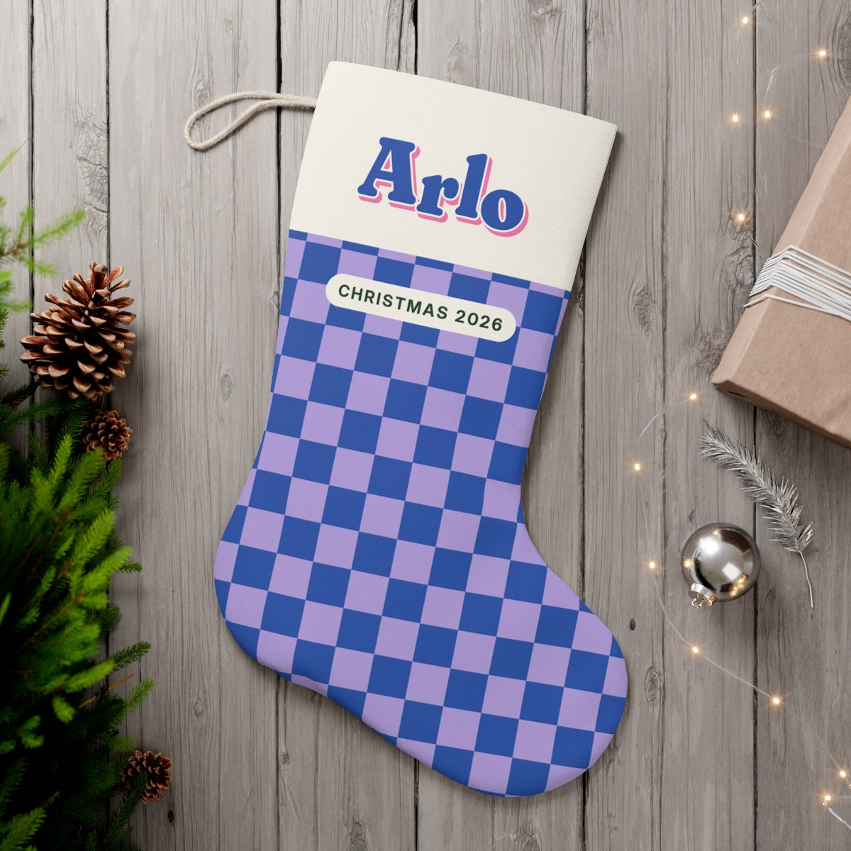 Personalised Retro Checkerboard Christmas Stocking with Name, Kept by You, personalised and printed in the UK (view 2)