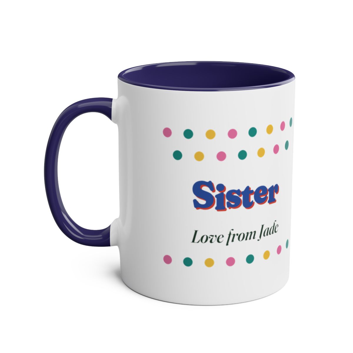 Personalised Retro Polka Dot Sister or Brother Mug, Two-Tone, Kept by You, personalised and printed in the UK (view 6)