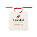 Personalised robin memorial aluminium ornament mock-up, scalloped square with a robin, 'Grandad' and '1938 to 2024', red cord
