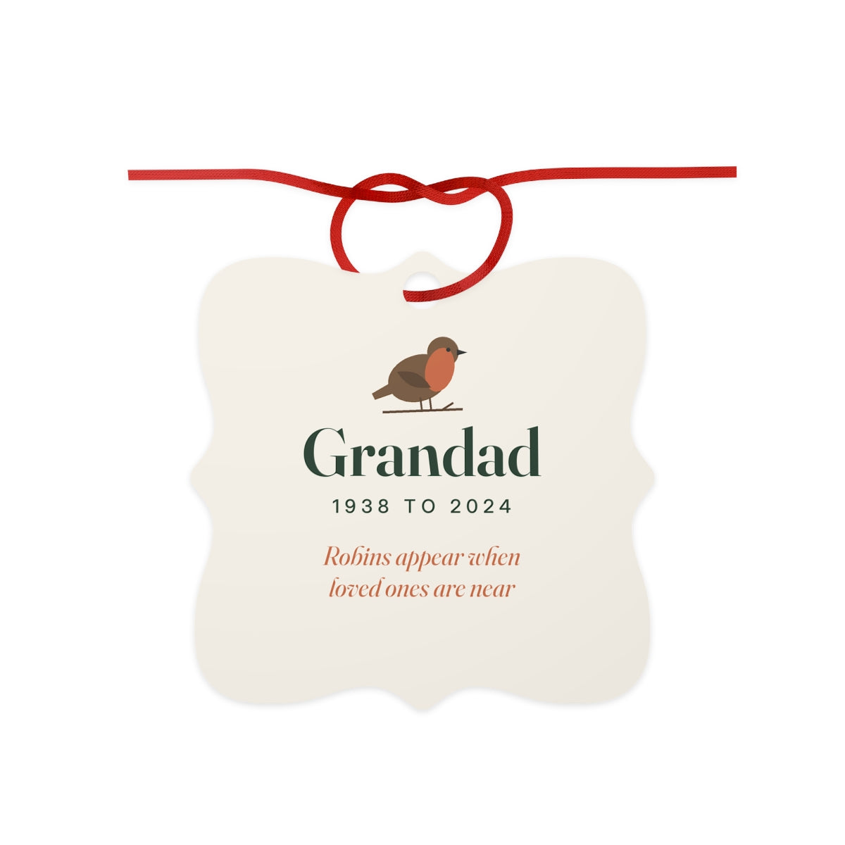 Personalised robin memorial aluminium ornament mock-up, scalloped square with a robin, 'Grandad' and '1938 to 2024', red cord