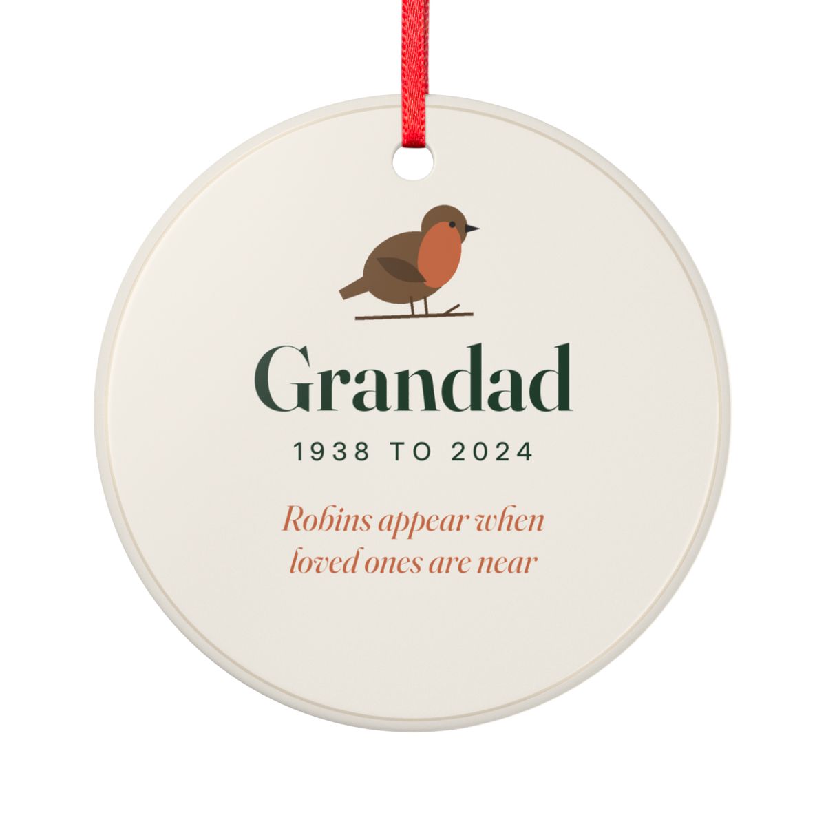 Personalised robin memorial ceramic ornament mock-up with a robin, 'Grandad', '1938 to 2024' and a remembrance line