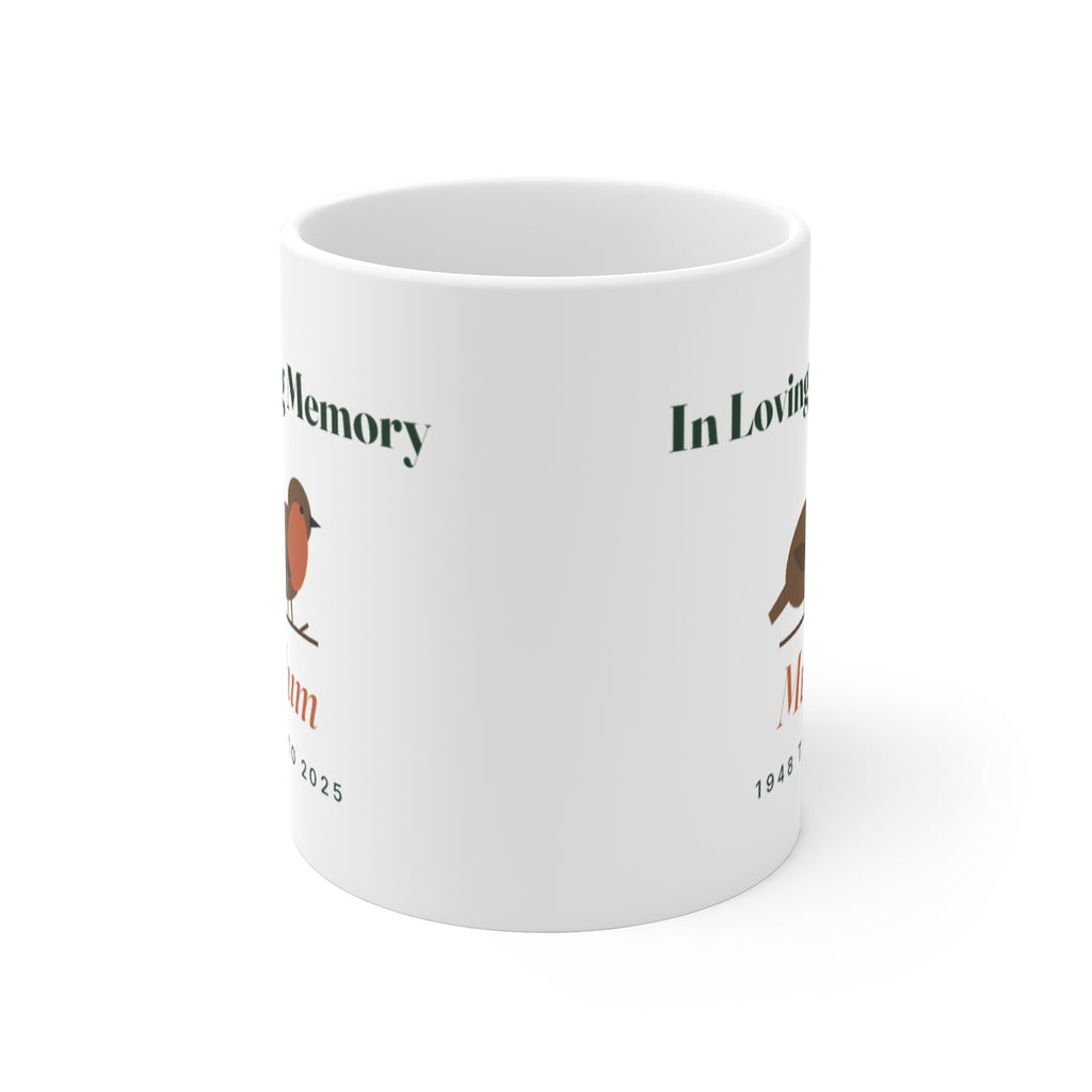 Robin memorial mug mock-up seen with the handle hidden behind, the robin and 'In Loving Memory' print on both sides