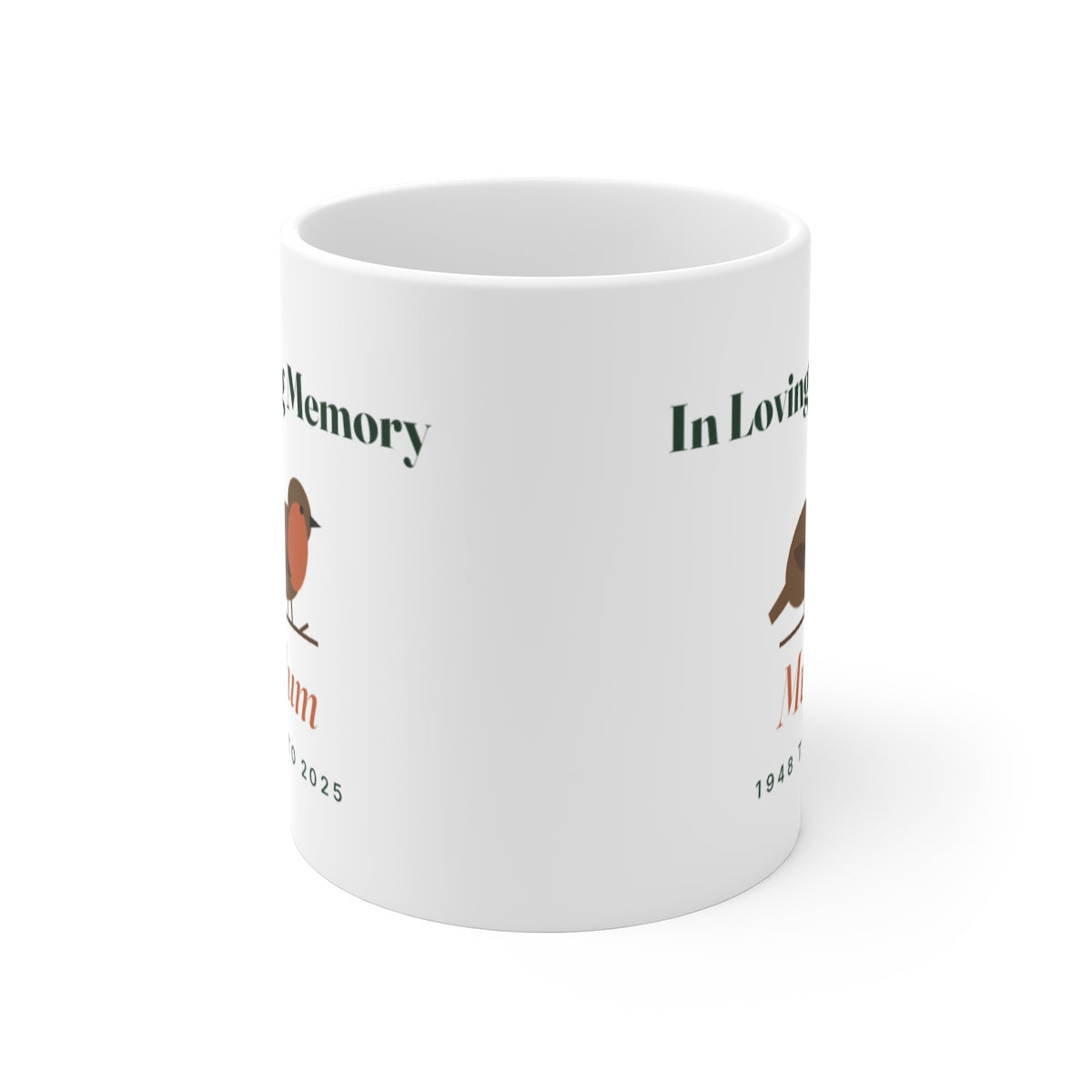 Robin memorial mug mock-up seen with the handle hidden behind, the robin and 'In Loving Memory' print on both sides