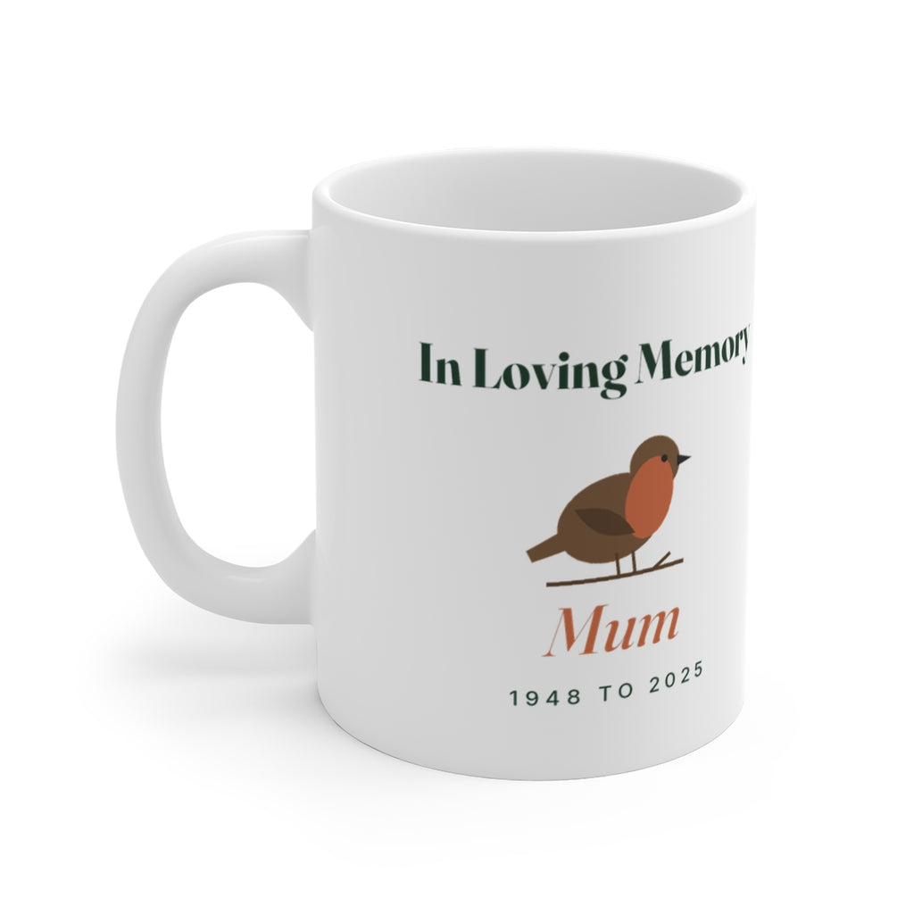 Personalised robin memorial mug mock-up printed 'In Loving Memory' with a robin, 'Mum' and '1948 to 2025', handle on the left