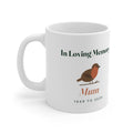 Personalised robin memorial mug mock-up printed 'In Loving Memory' with a robin, 'Mum' and '1948 to 2025', handle on the left