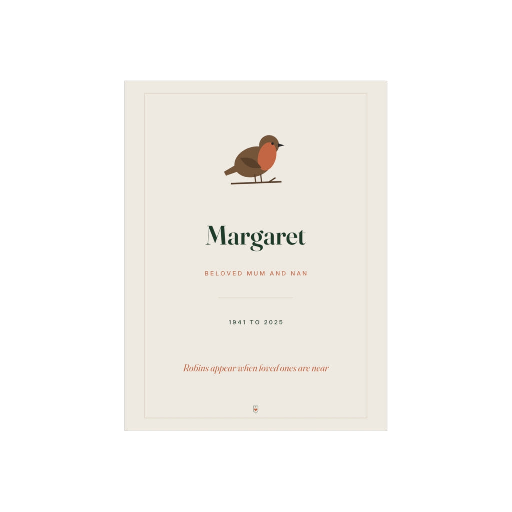 Personalised robin memorial print mock-up with a robin, 'Margaret', 'Beloved Mum and Nan', '1941 to 2025' and a chosen line