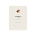 Personalised robin memorial print mock-up with a robin, 'Margaret', 'Beloved Mum and Nan', '1941 to 2025' and a chosen line