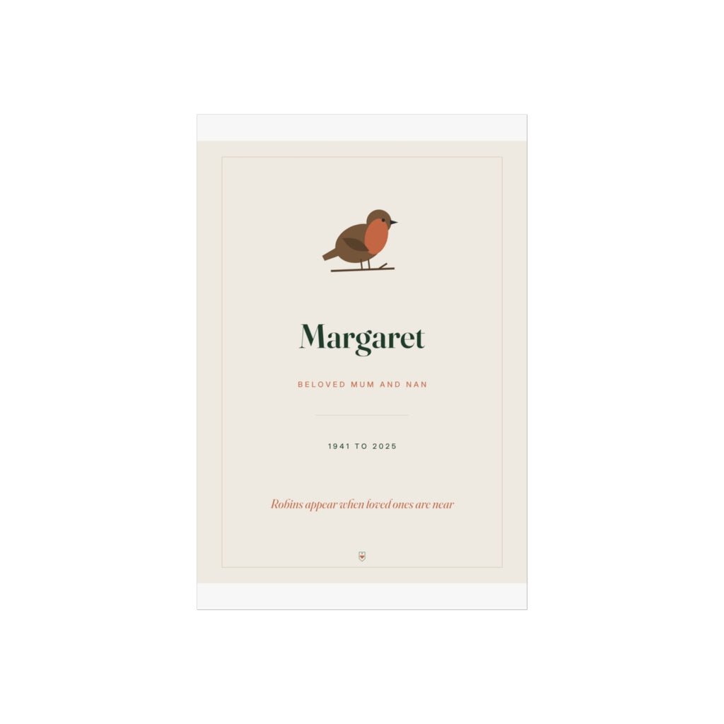 Robin memorial print mock-up laid flat with white margins top and bottom, 'Robins appear when loved ones are near'