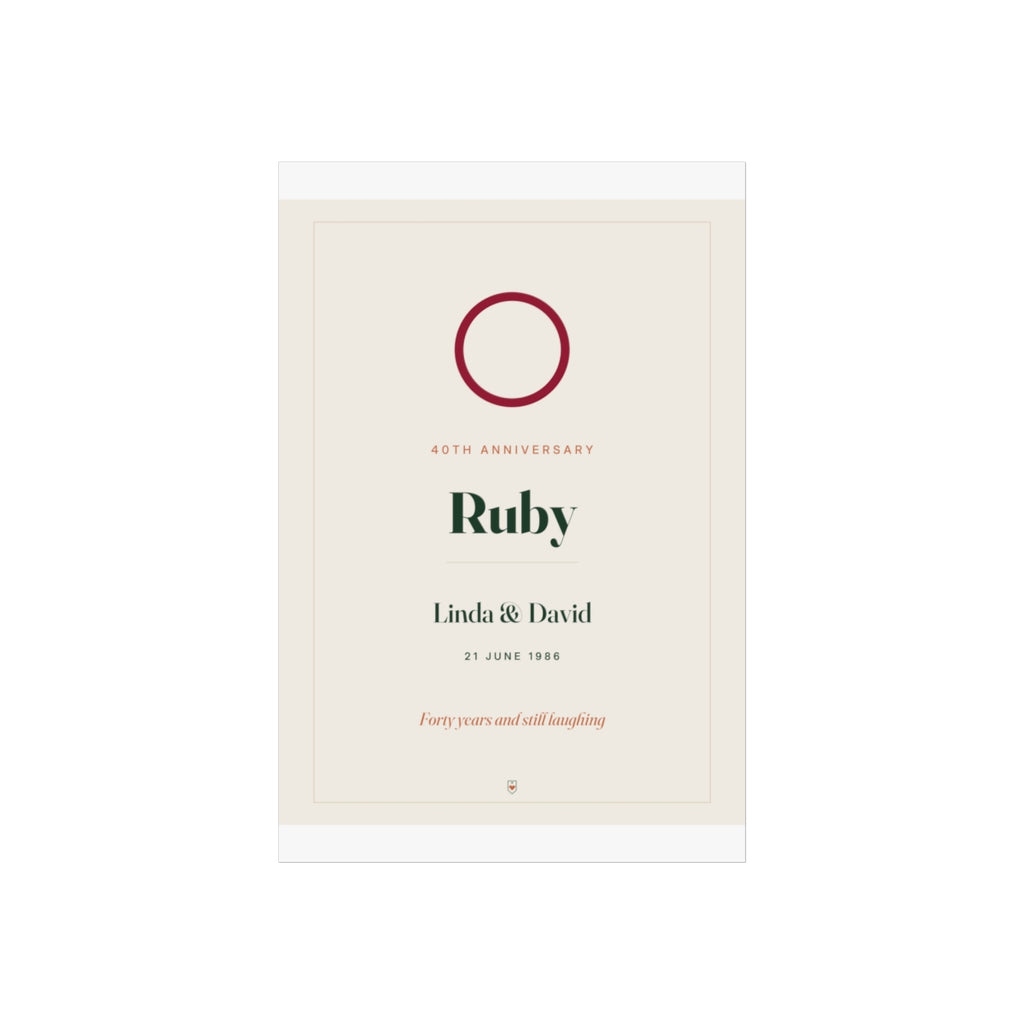 Ruby anniversary print mock-up on a taller sheet with white margins, 'Linda & David' and 'Forty years and still laughing'