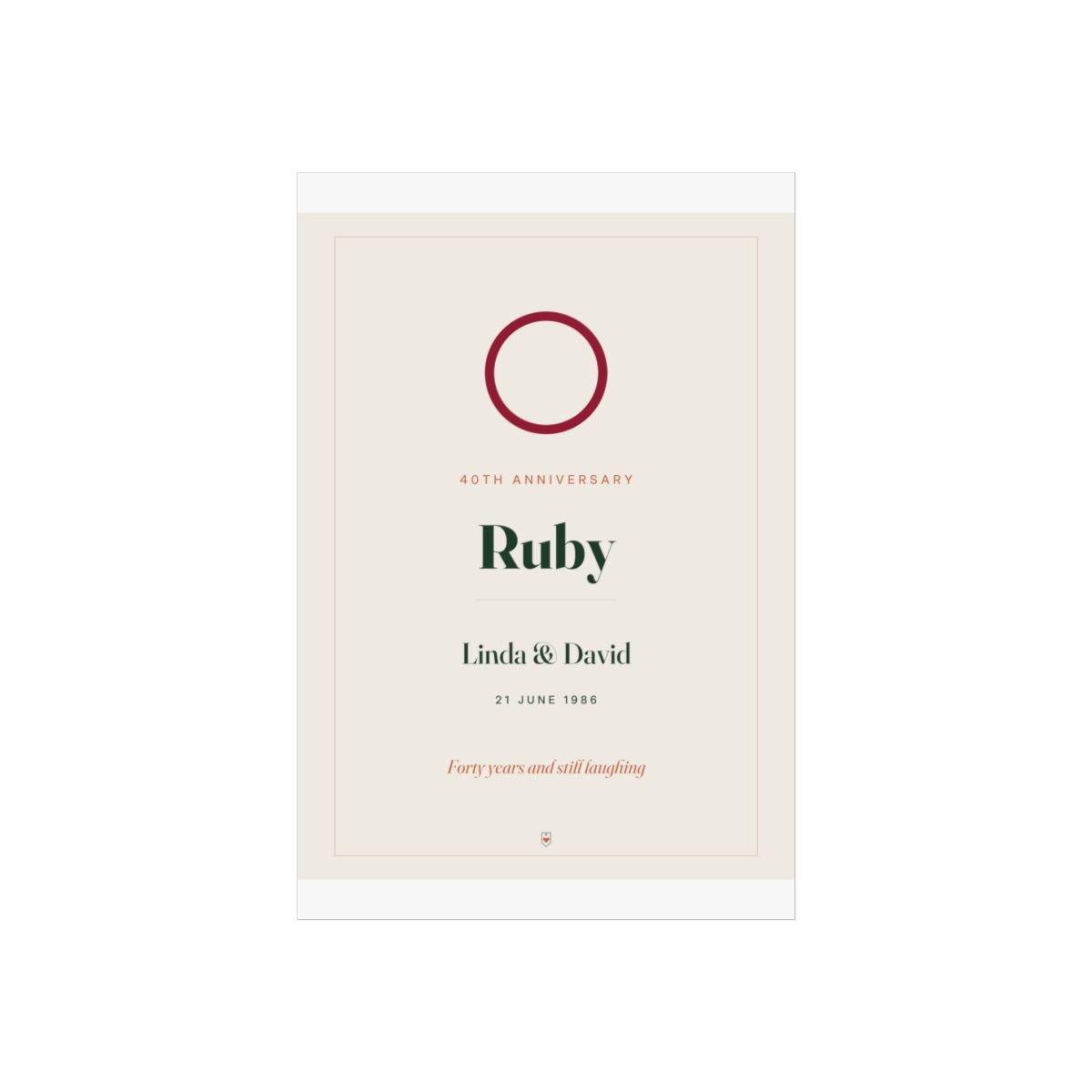 Ruby anniversary print mock-up on a taller sheet with white margins, 'Linda & David' and 'Forty years and still laughing'