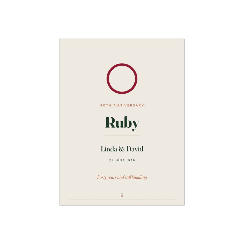 Ruby wedding anniversary print mock-up with a ruby-red ring, '40th anniversary', 'Ruby', 'Linda & David' and '21 June 1986'