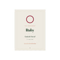 Ruby wedding anniversary print mock-up with a ruby-red ring, '40th anniversary', 'Ruby', 'Linda & David' and '21 June 1986'