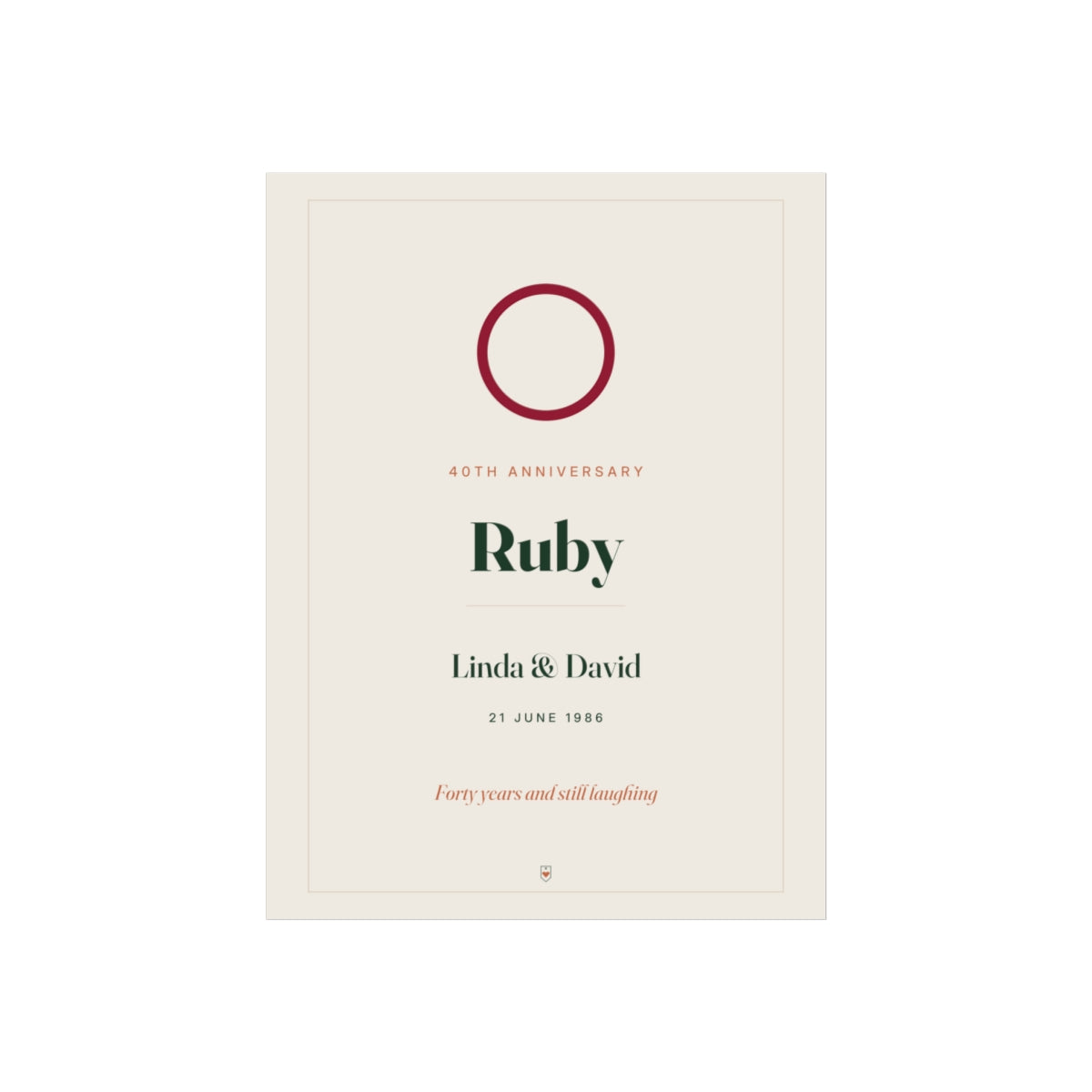 Ruby wedding anniversary print mock-up with a ruby-red ring, '40th anniversary', 'Ruby', 'Linda & David' and '21 June 1986'