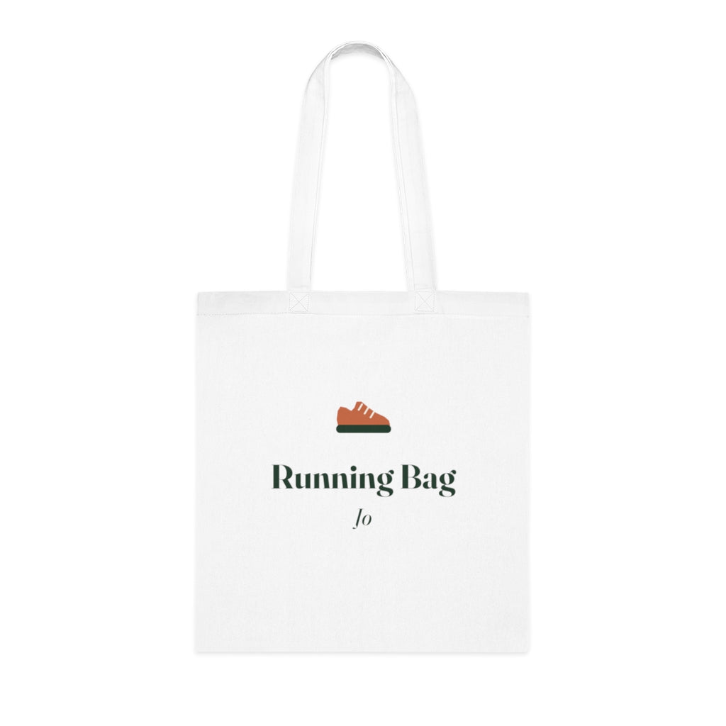 Personalised running bag tote mock-up, white cotton tote laid flat with an orange trainer, 'Running Bag' and 'Jo'