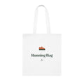 Personalised running bag tote mock-up, white cotton tote laid flat with an orange trainer, 'Running Bag' and 'Jo'