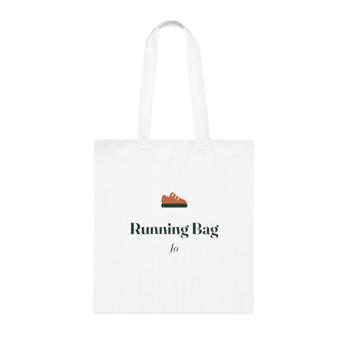 Personalised running bag tote mock-up, white cotton tote laid flat with an orange trainer, 'Running Bag' and 'Jo'