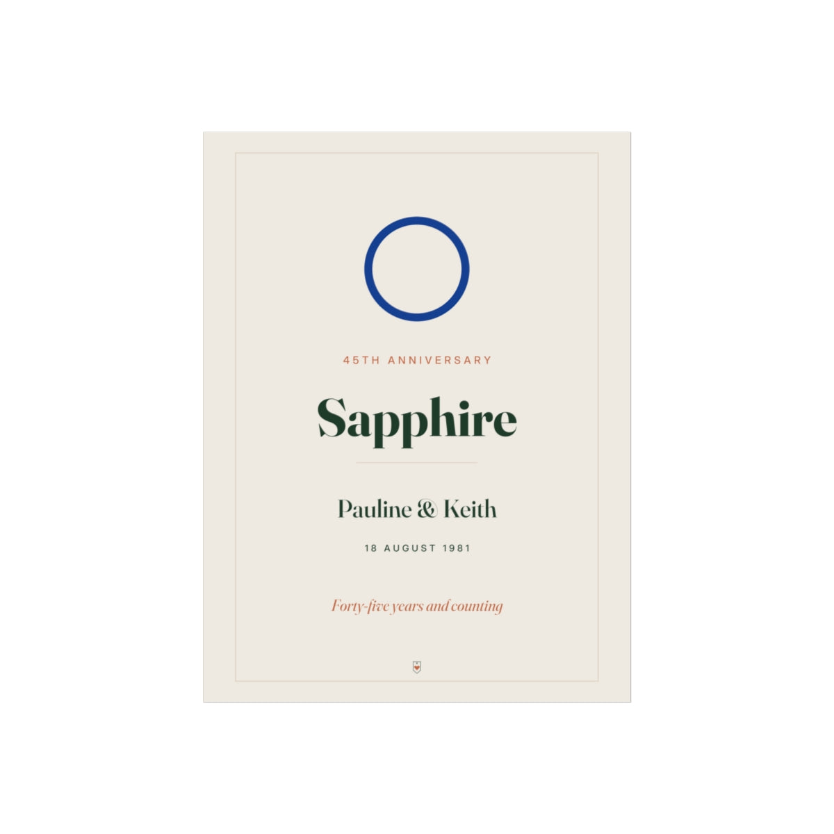 Sapphire anniversary print mock-up with a blue ring, '45th anniversary', 'Sapphire', 'Pauline & Keith' and '18 August 1981'