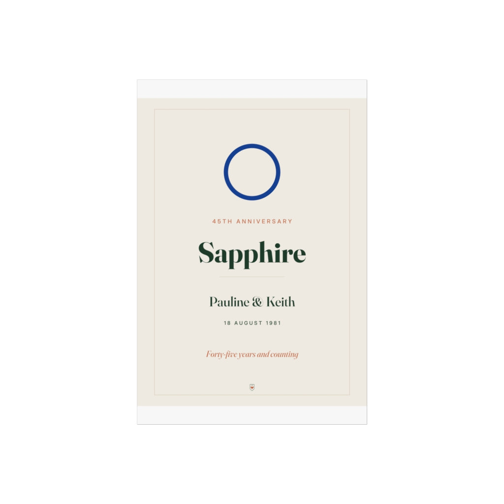 Sapphire anniversary print mock-up on a taller sheet with white margins, 'Pauline & Keith', 'Forty-five years and counting'