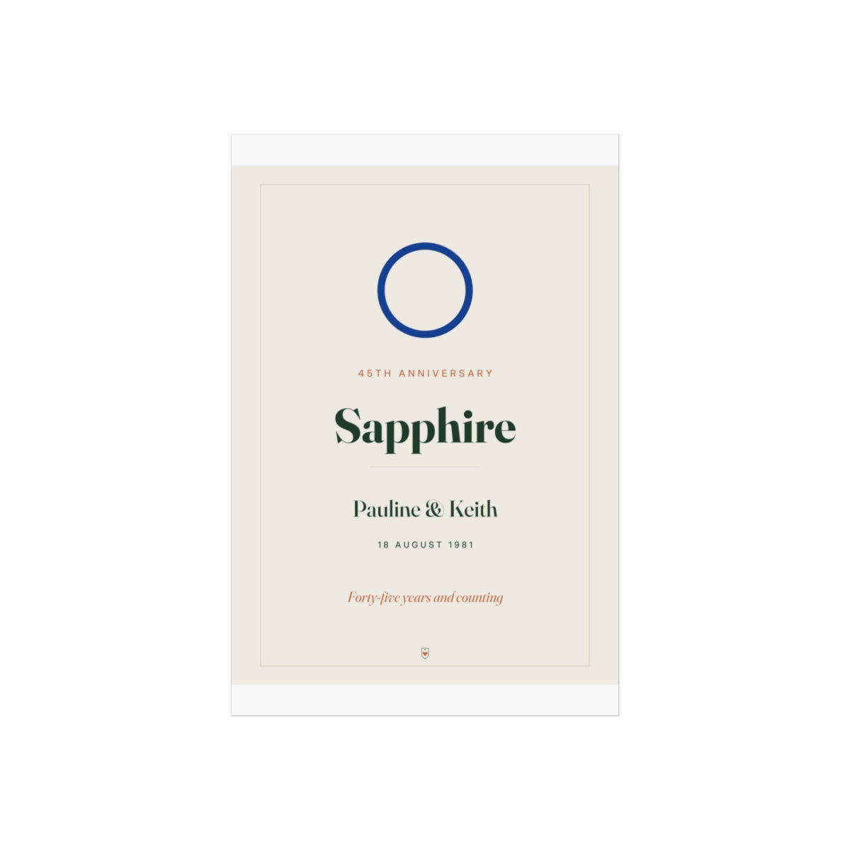 Sapphire anniversary print mock-up on a taller sheet with white margins, 'Pauline & Keith', 'Forty-five years and counting'