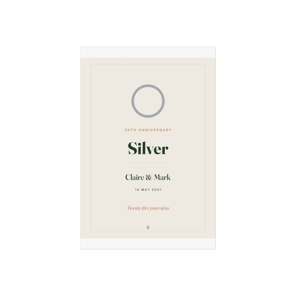 Silver anniversary print mock-up on a taller sheet with white margins, 'Claire & Mark' and 'Twenty-five years of us'
