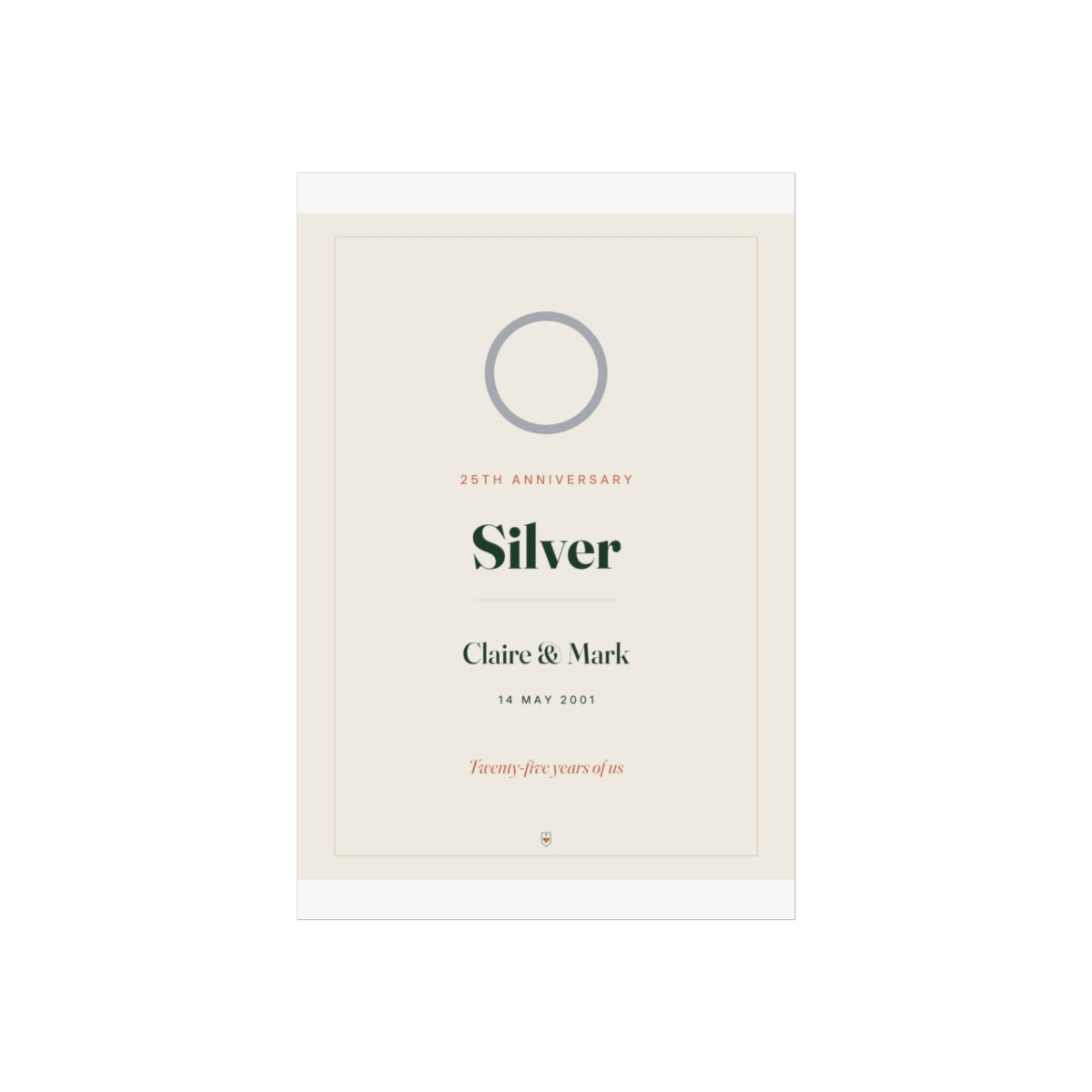 Silver anniversary print mock-up on a taller sheet with white margins, 'Claire & Mark' and 'Twenty-five years of us'