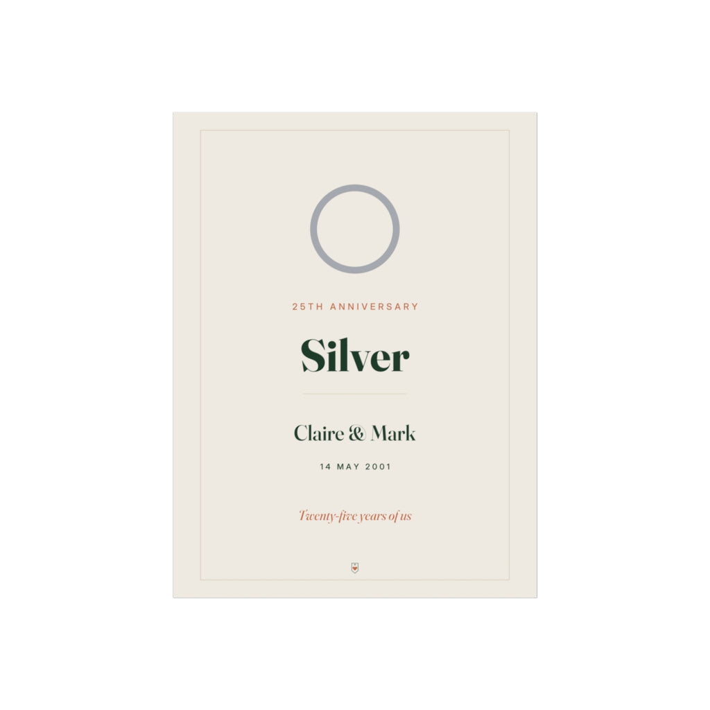 Silver anniversary print mock-up with a grey ring, '25th anniversary', 'Silver', 'Claire & Mark' and '14 May 2001'