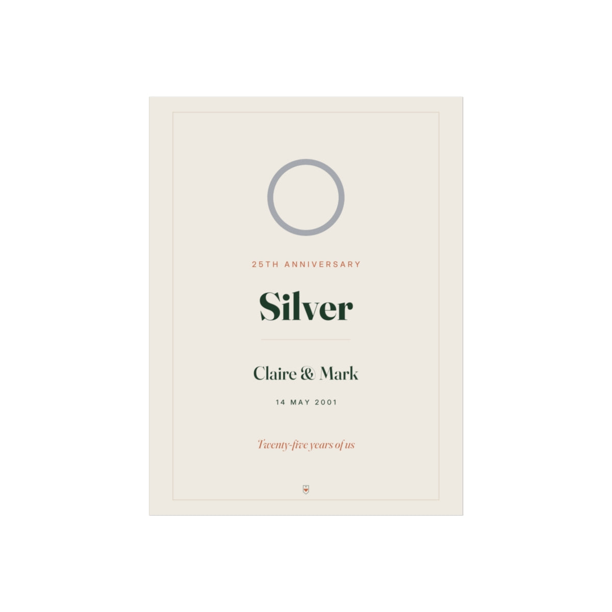 Silver anniversary print mock-up with a grey ring, '25th anniversary', 'Silver', 'Claire & Mark' and '14 May 2001'