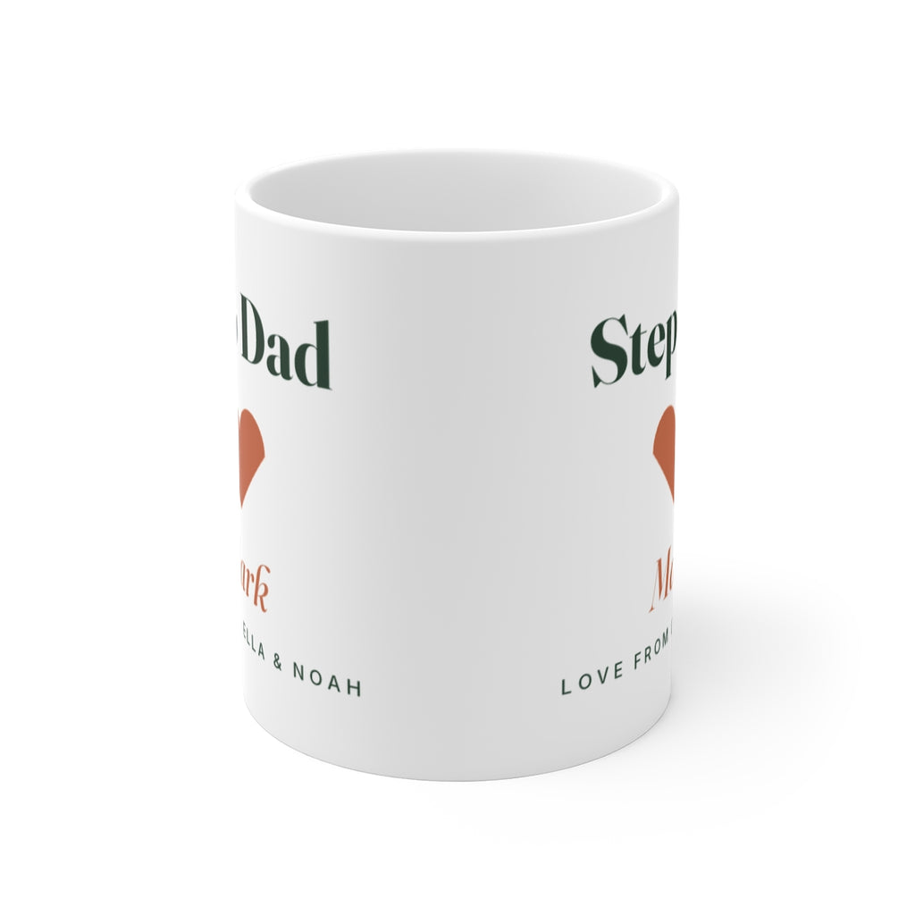 Step Dad mug seen from the front with the handle hidden, the heart print showing partly on both sides