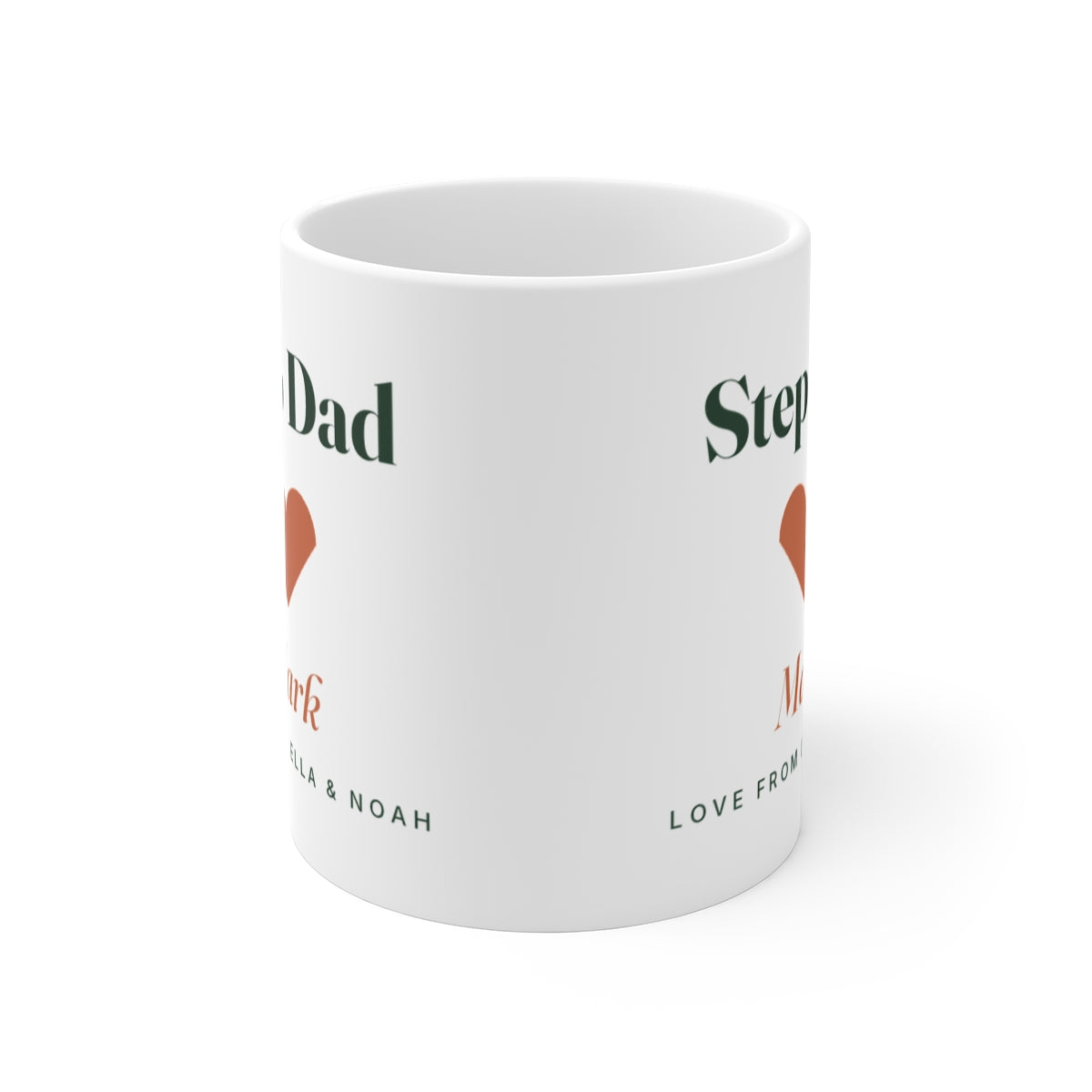 Step Dad mug seen from the front with the handle hidden, the heart print showing partly on both sides