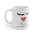 Personalised Step Dad mug mock-up, handle on the left, with an orange heart, 'Mark' and 'Love from Ella & Noah'