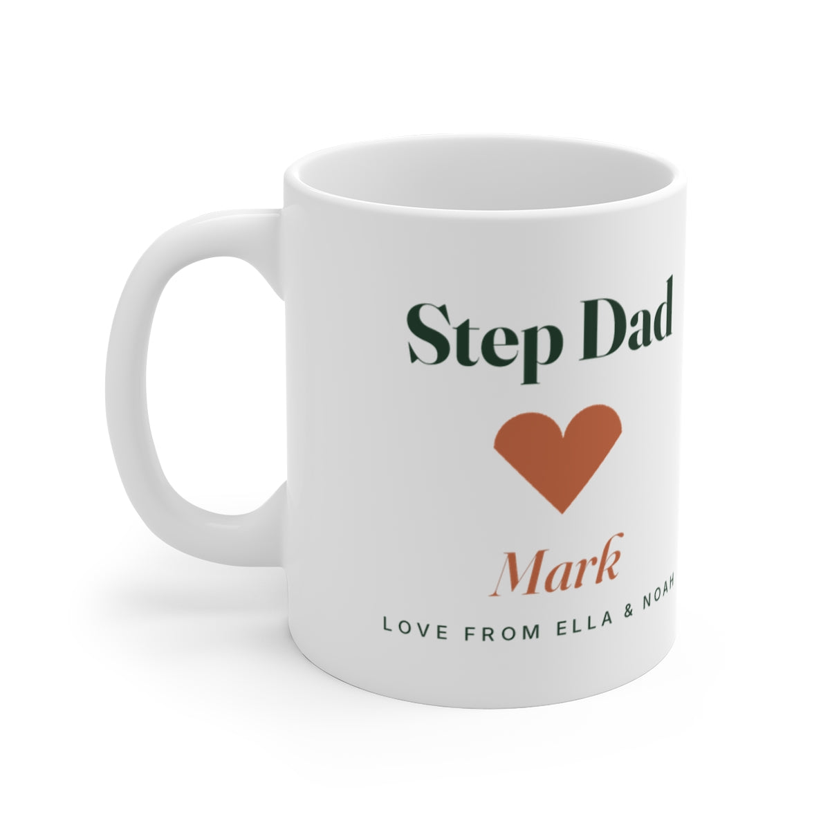 Personalised Step Dad mug mock-up, handle on the left, with an orange heart, 'Mark' and 'Love from Ella & Noah'