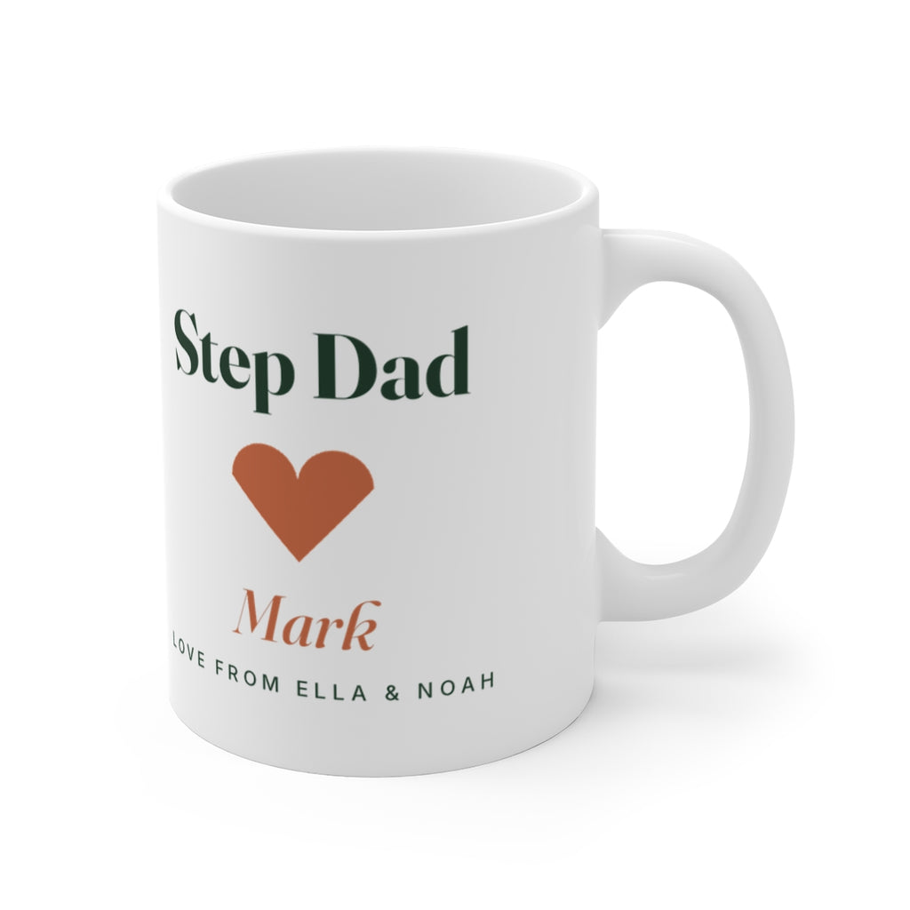Step Dad mug mock-up with the handle on the right, showing the orange heart, 'Mark' and 'Love from Ella & Noah'