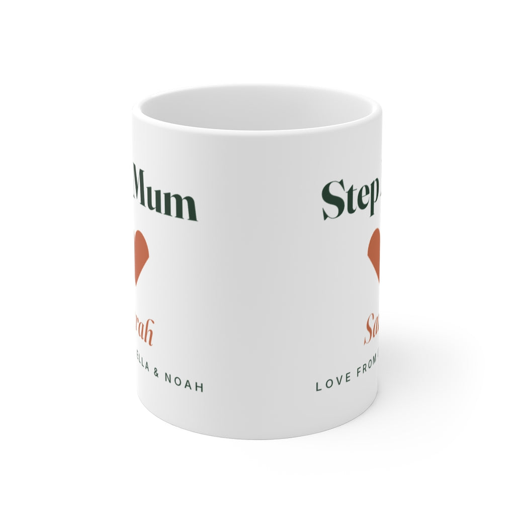 Step Mum mug seen from the front with the handle hidden, the heart print showing partly on both sides