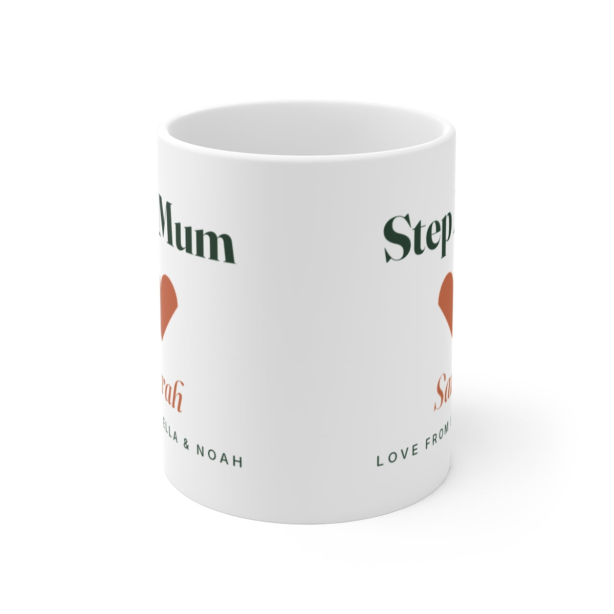 Step Mum mug seen from the front with the handle hidden, the heart print showing partly on both sides