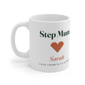 Personalised Step Mum mug mock-up, handle on the left, with an orange heart, 'Sarah' and 'Love from Ella & Noah'