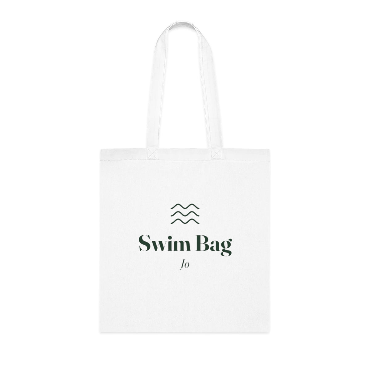 Personalised swim bag tote mock-up, white cotton tote laid flat with three wave lines, 'Swim Bag' and 'Jo'