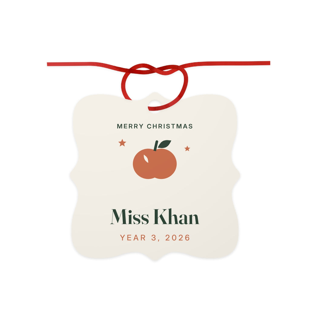 Teacher Christmas aluminium ornament mock-up, scalloped square with a red ribbon bow, an apple, 'Miss Khan', 'Year 3, 2026'