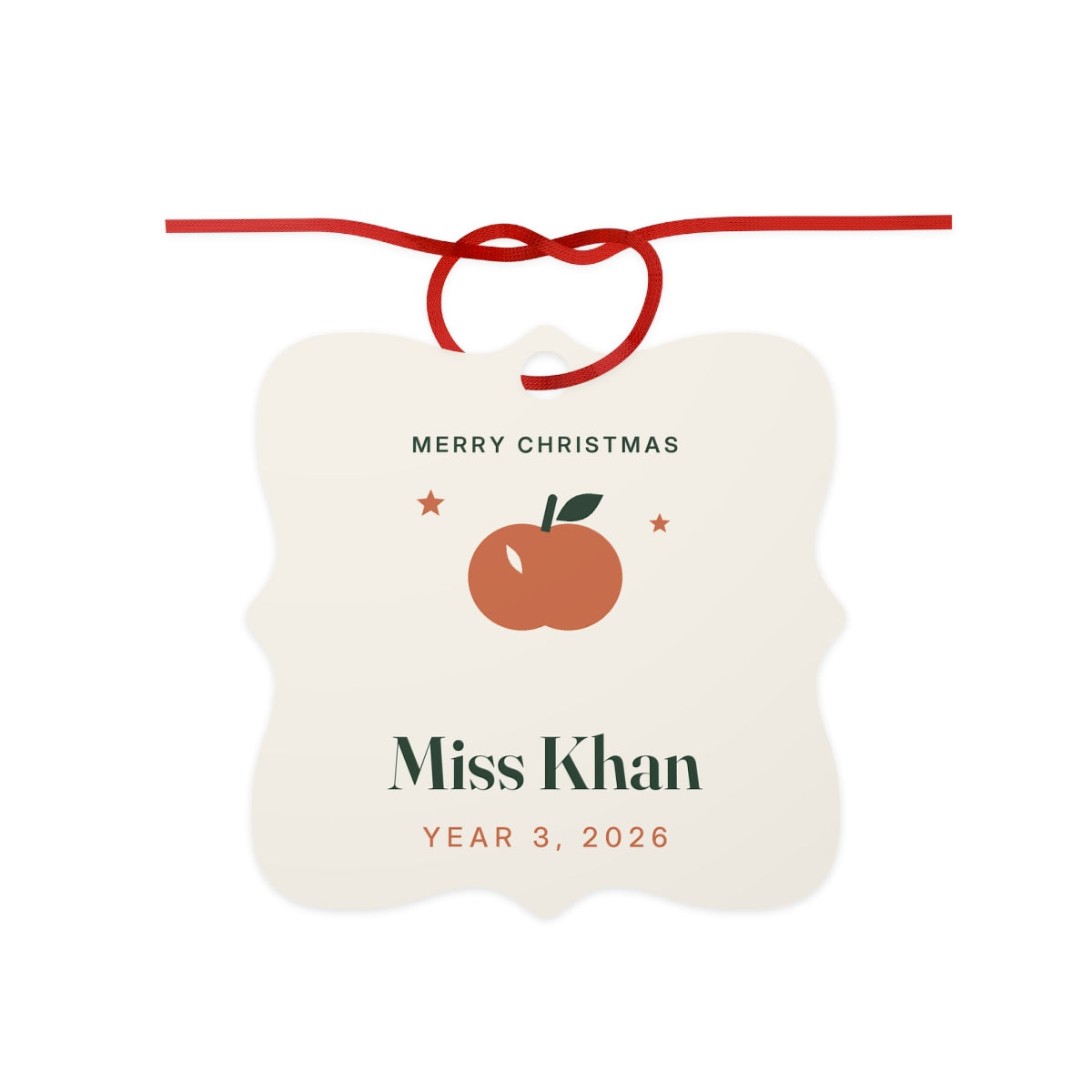 Teacher Christmas aluminium ornament mock-up, scalloped square with a red ribbon bow, an apple, 'Miss Khan', 'Year 3, 2026'