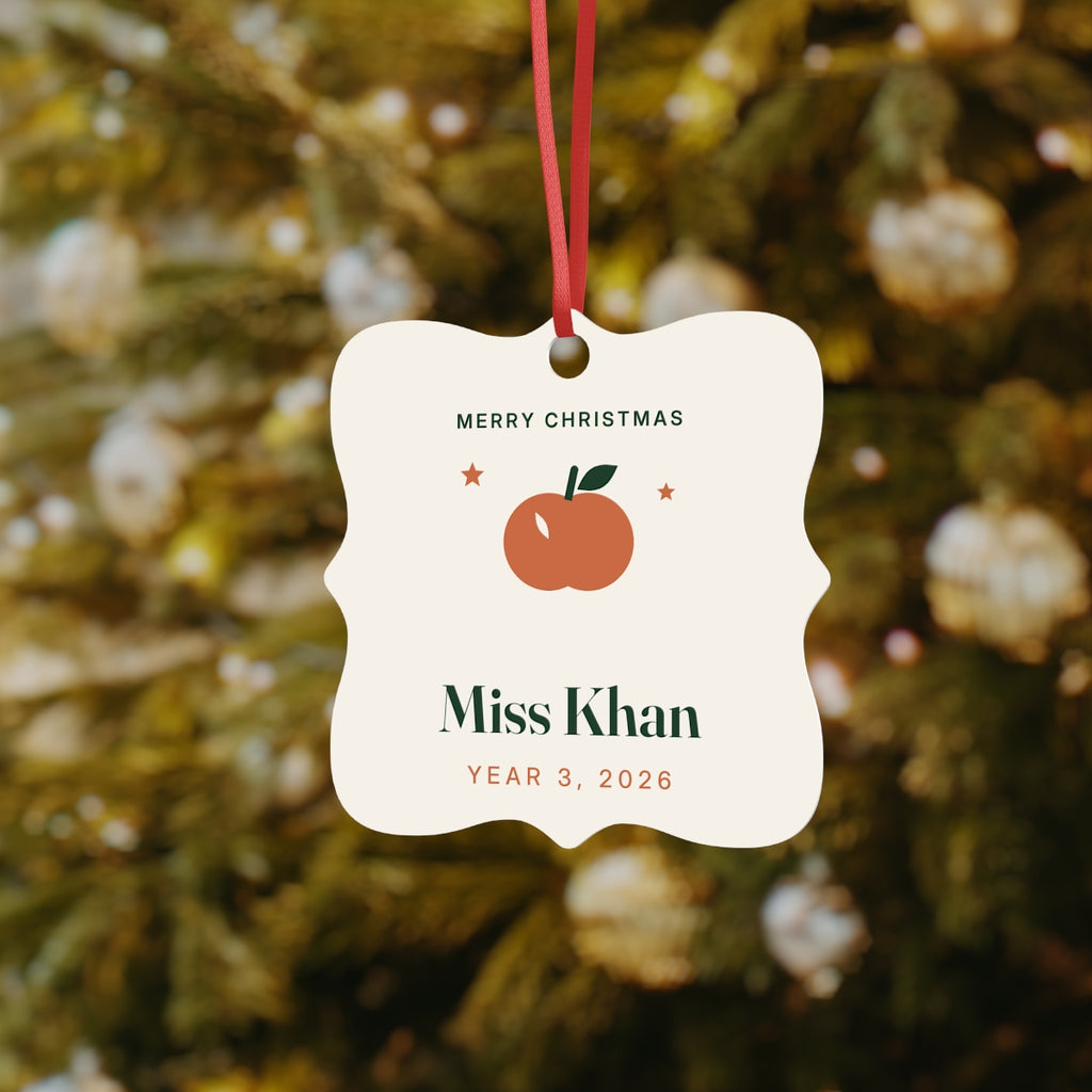 Teacher Christmas aluminium ornament mock-up on a Christmas tree, 'Merry Christmas', apple and sample name 'Miss Khan'