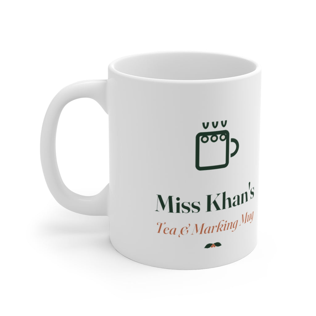 Personalised teacher Christmas mug mock-up, handle on the left, a steaming mug icon, 'Miss Khan's' and 'Tea & Marking Mug'