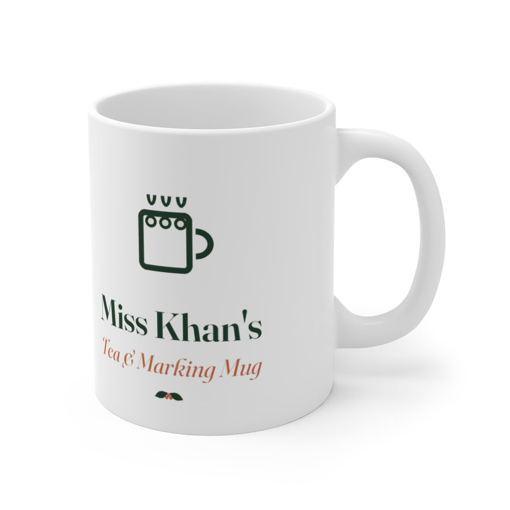 Teacher Christmas mug mock-up with the handle on the right, showing the mug icon, 'Miss Khan's' and 'Tea & Marking Mug'