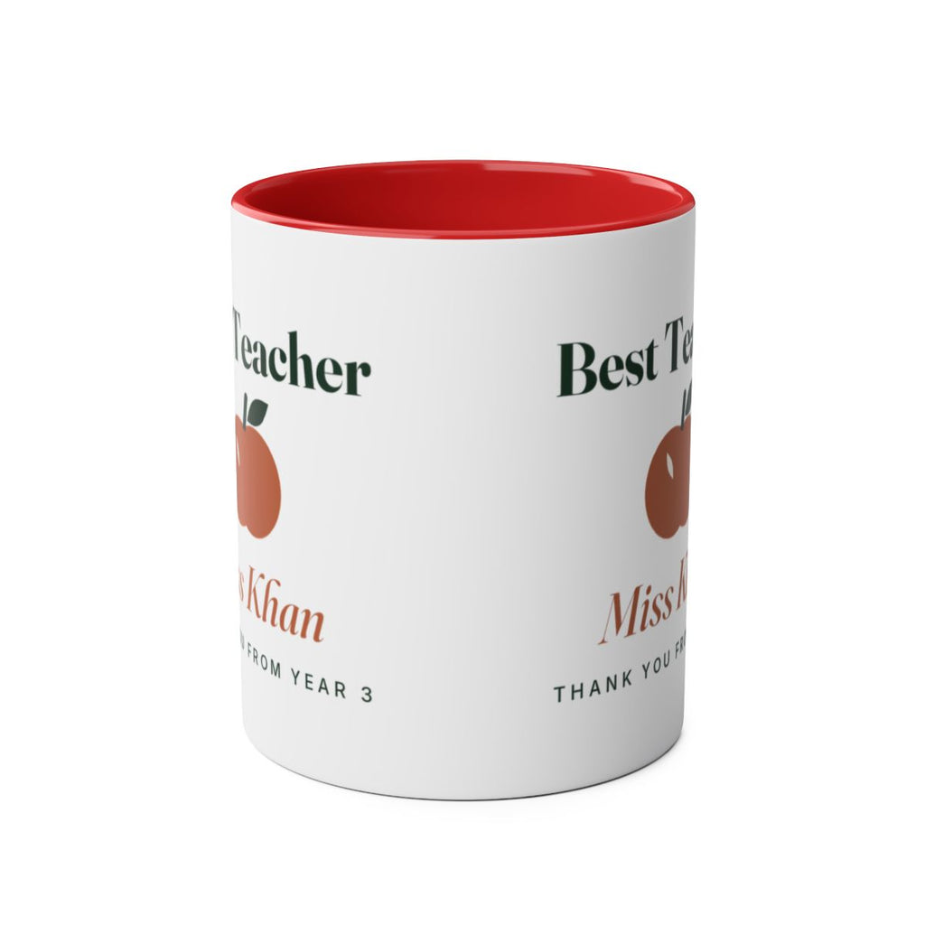 Red 'Best Teacher' two-tone mug mock-up, handle hidden, the apple and sample name 'Miss Khan' split across both sides