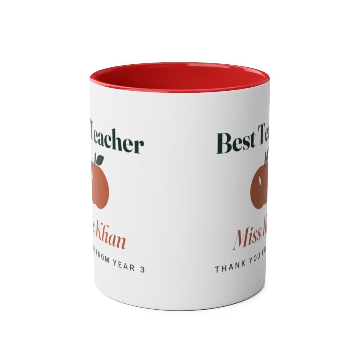 Red 'Best Teacher' two-tone mug mock-up, handle hidden, the apple and sample name 'Miss Khan' split across both sides